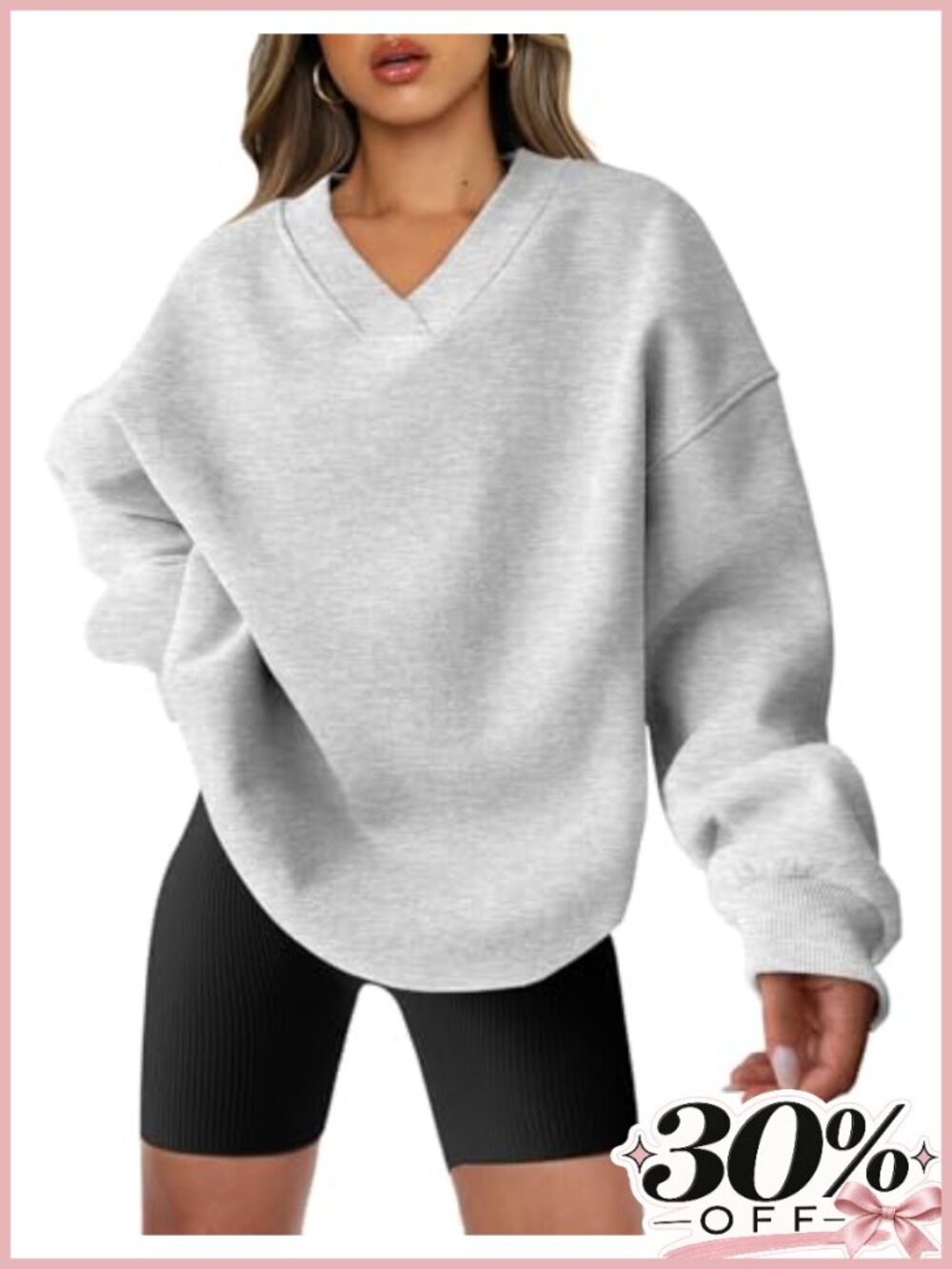 Oversized V Neck Fleece Sweatshirt Drop Shoulder Pullover Kangaroo Pocket